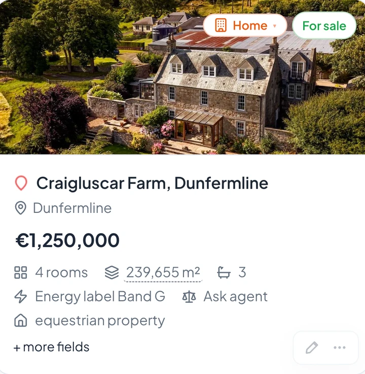 A Scottish farm saved from a UK listing site — price, rooms and plot filled in