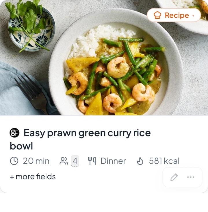 A prawn curry recipe saved from a recipe site — cooking time, servings and calories filled in